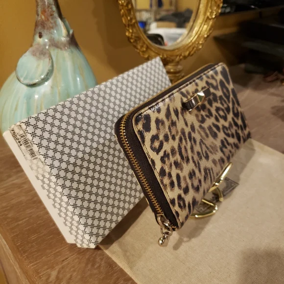 Furla Leopard Print Zip Wallet w/ Gold Hardware, Bow Accent, Dusty & Box - Picture 4 of 12